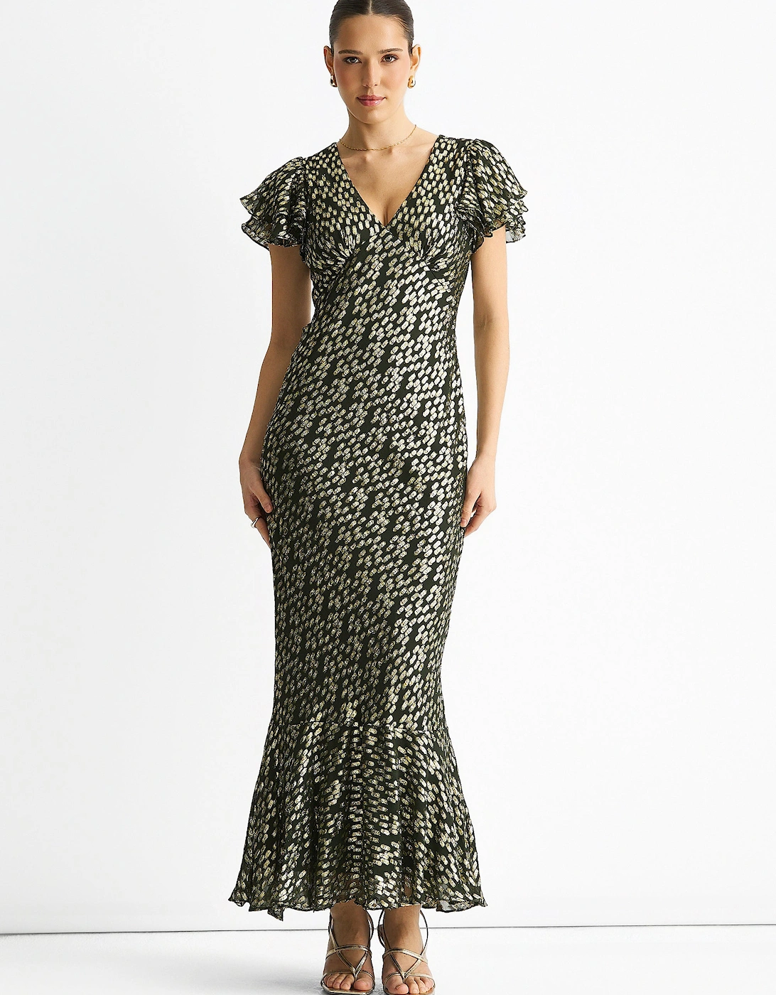 Dark Green Viscose Clipped Gold Jacquard Bias Cut Maxi Dress, 10 of 9