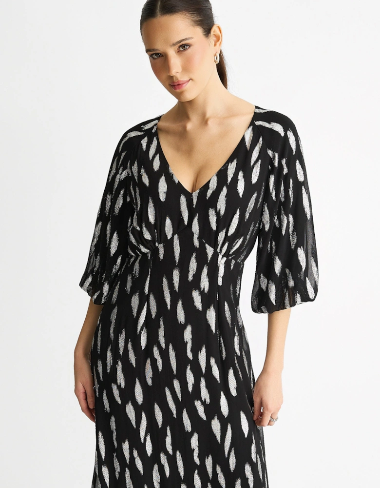 Black Viscose Clipped Balloon Sleeve Maxi Dress