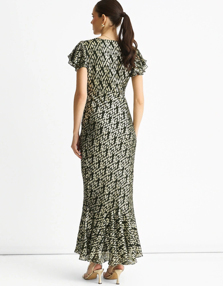 Dark Green Viscose Clipped Gold Jacquard Bias Cut Maxi Dress