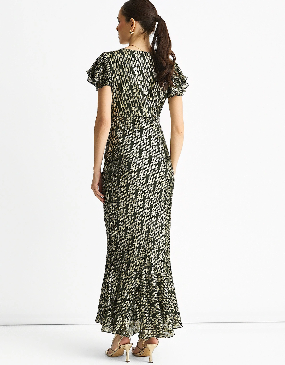 Dark Green Viscose Clipped Gold Jacquard Bias Cut Maxi Dress
