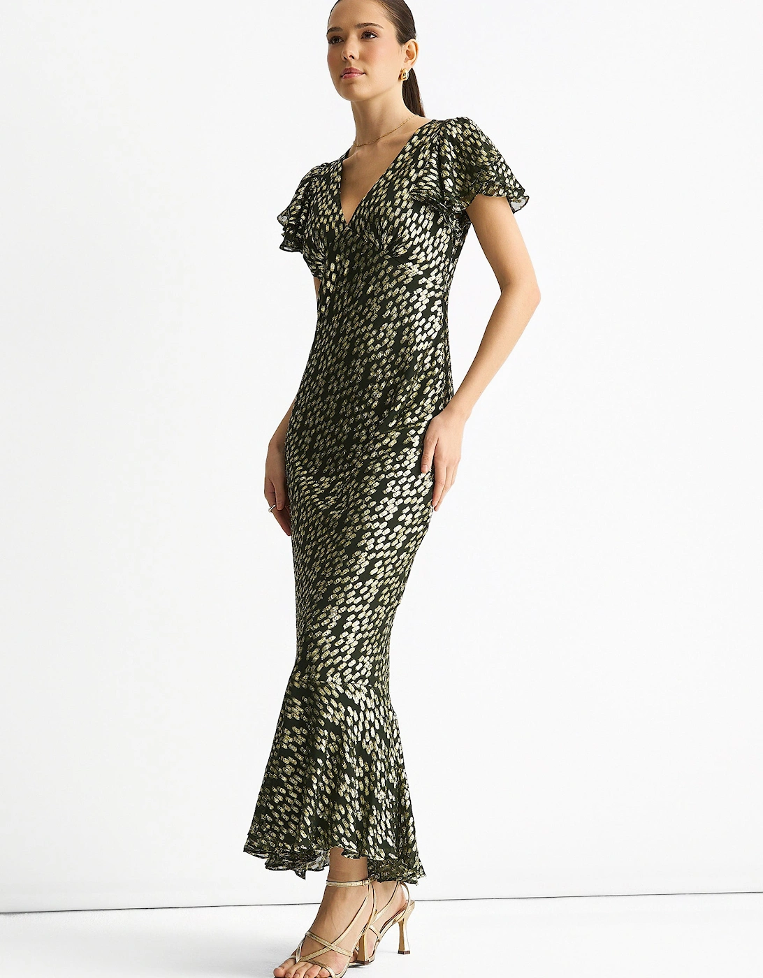 Dark Green Viscose Clipped Gold Jacquard Bias Cut Maxi Dress