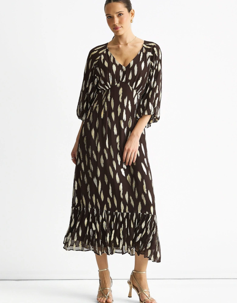 Chocolate Viscose Clipped Balloon Sleeve Maxi Dress