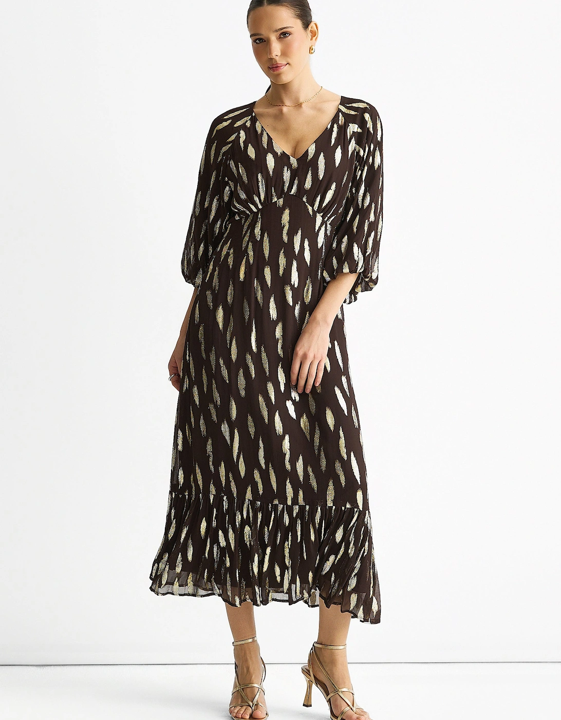 Chocolate Viscose Clipped Balloon Sleeve Maxi Dress, 5 of 4