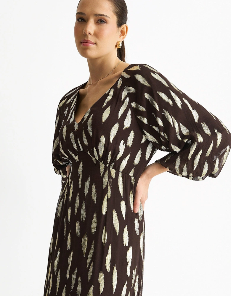 Chocolate Viscose Clipped Balloon Sleeve Maxi Dress