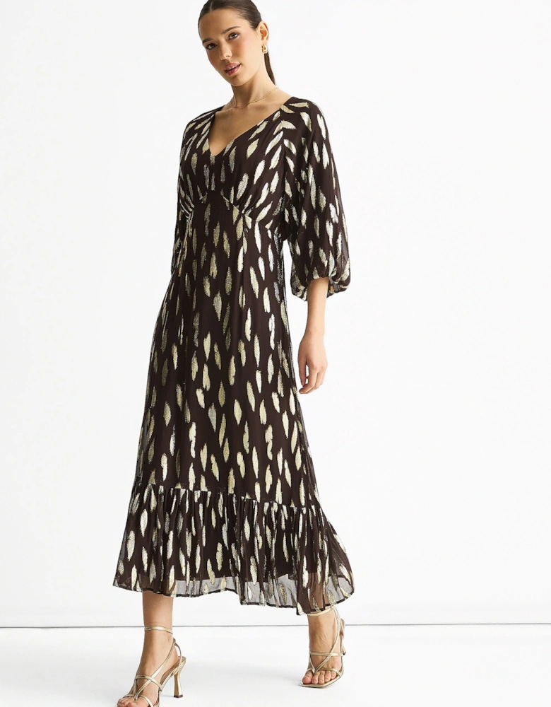 Chocolate Viscose Clipped Balloon Sleeve Maxi Dress