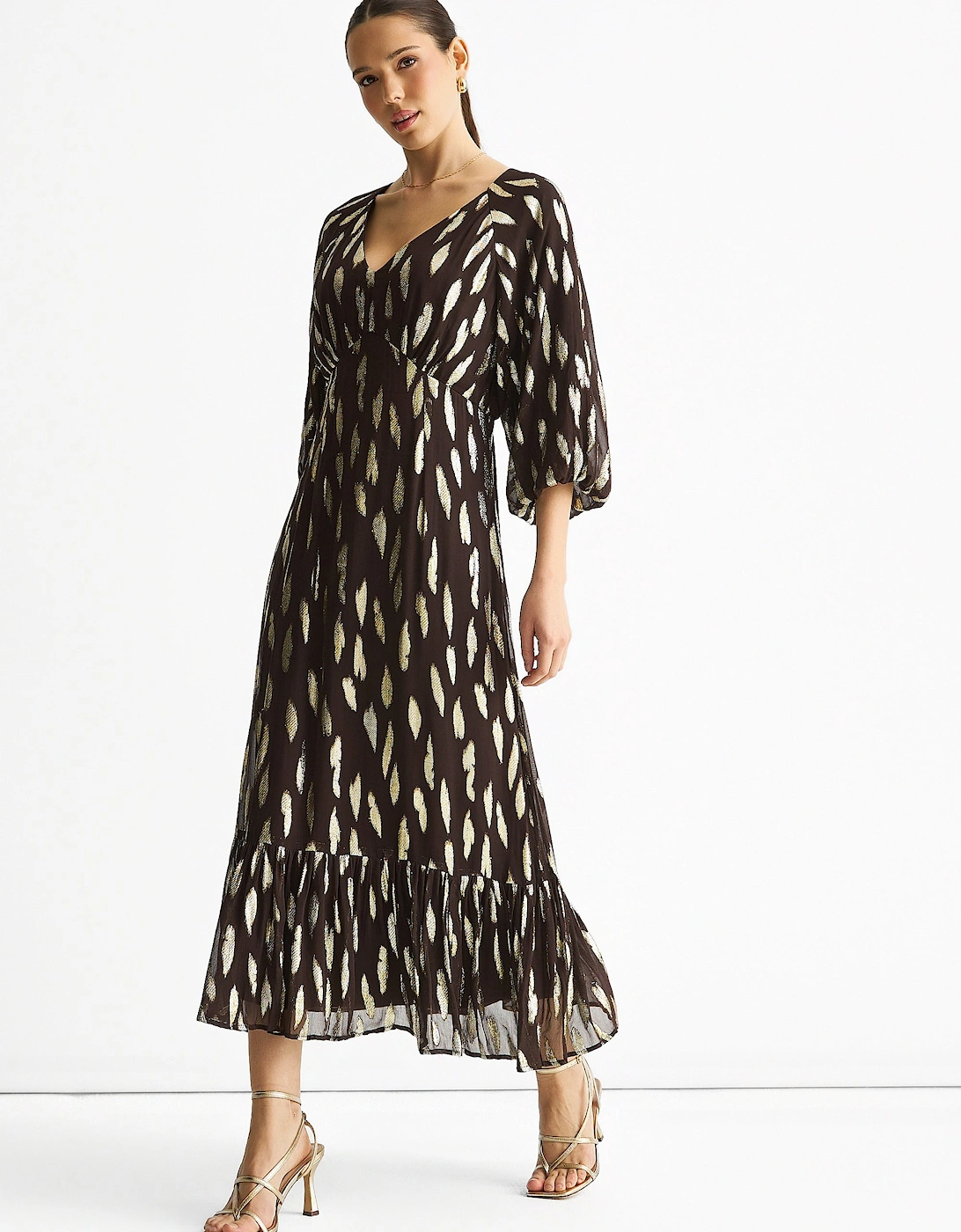 Chocolate Viscose Clipped Balloon Sleeve Maxi Dress