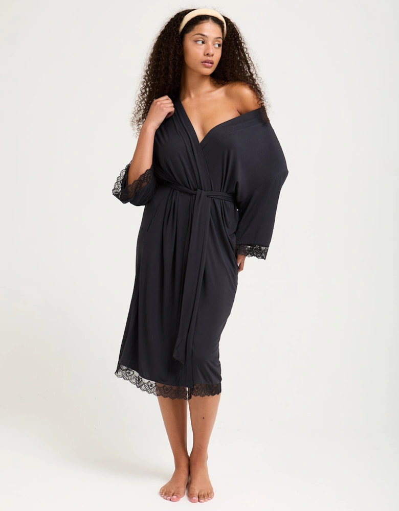 Bamboo Lace Kimono Robe in Raven