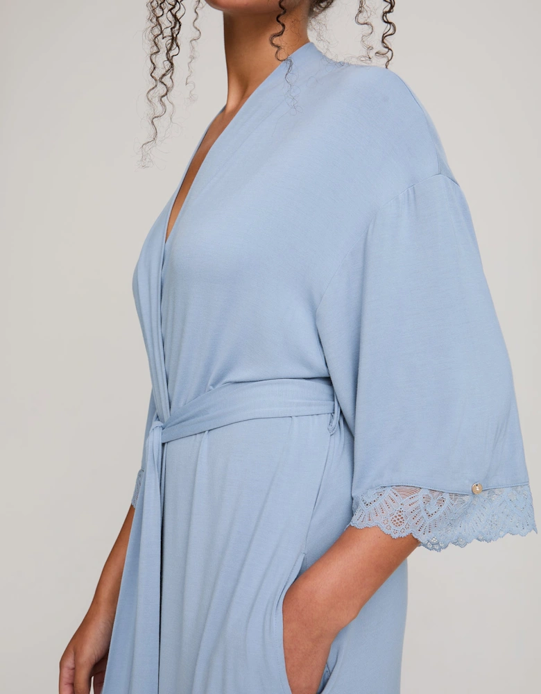 Bamboo Lace Kimono Robe in Blue Mist