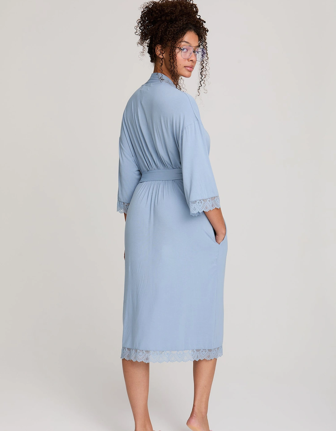 Bamboo Lace Kimono Robe in Blue Mist