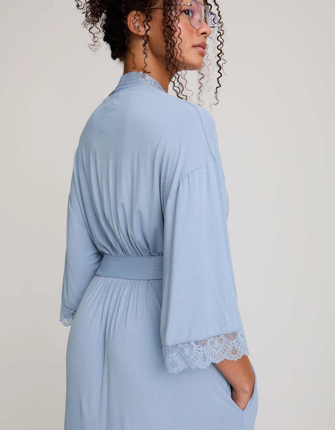 Bamboo Lace Kimono Robe in Blue Mist