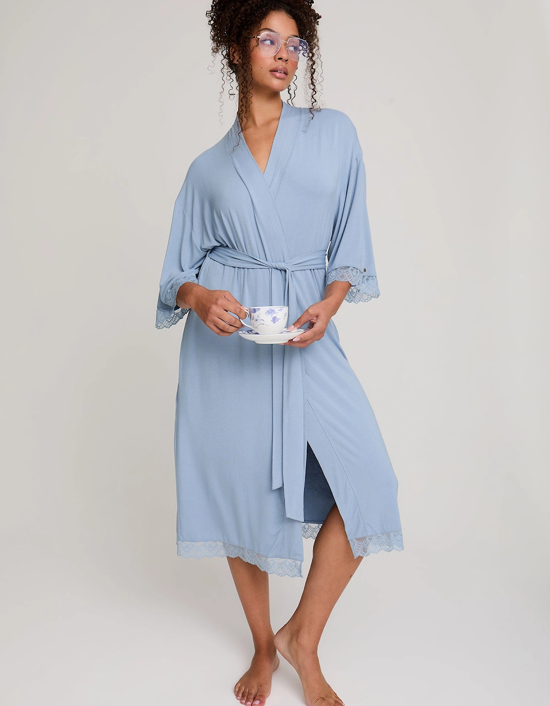 Bamboo Lace Kimono Robe in Blue Mist