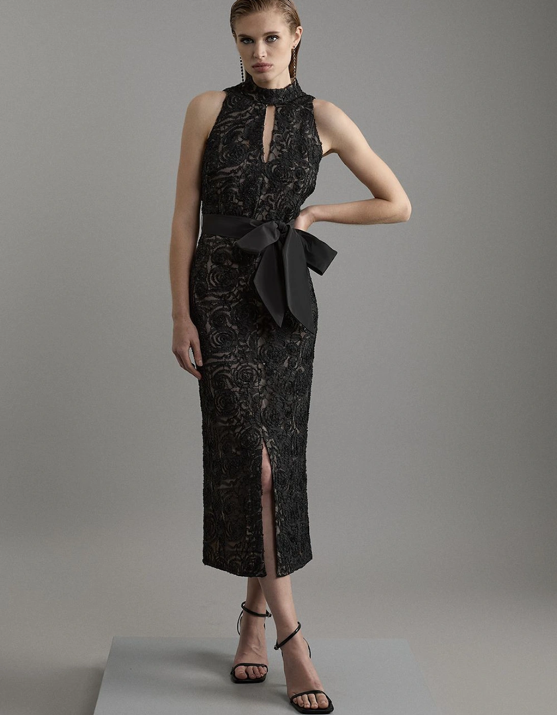 Petite Beaded Textured Lace Halter Woven Maxi Dress, 2 of 1