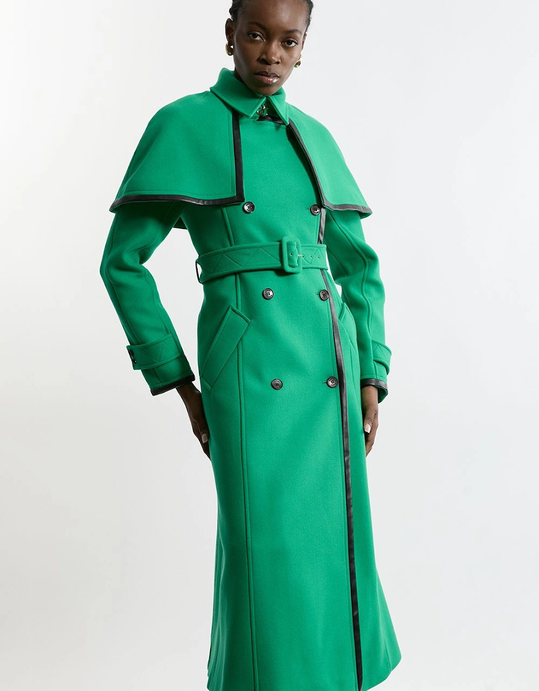 Premium Italian Manteco Wool Pu Tipped Storm Flap Cape Full Skirted Tailored Midaxi Coat, 2 of 1