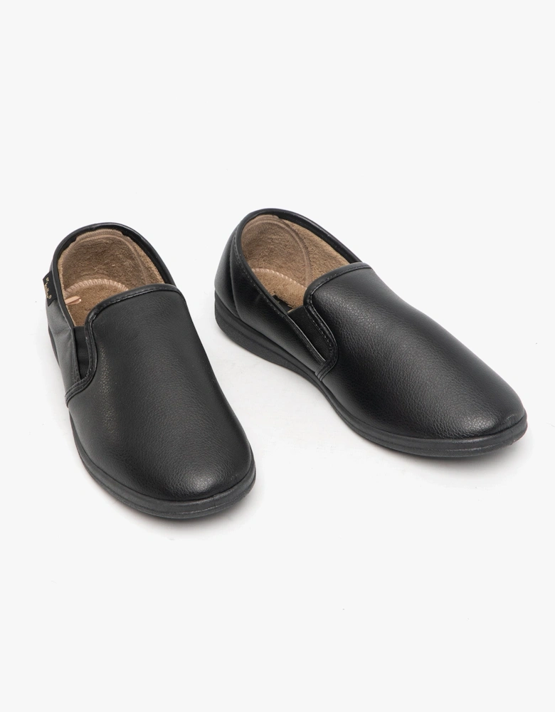 CHRISTOF Mens Faux Leather Wide Fit Full Slippers Black