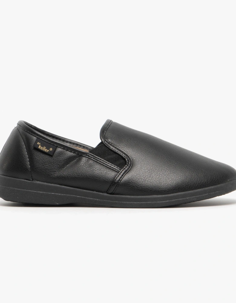 CHRISTOF Mens Faux Leather Wide Fit Full Slippers Black