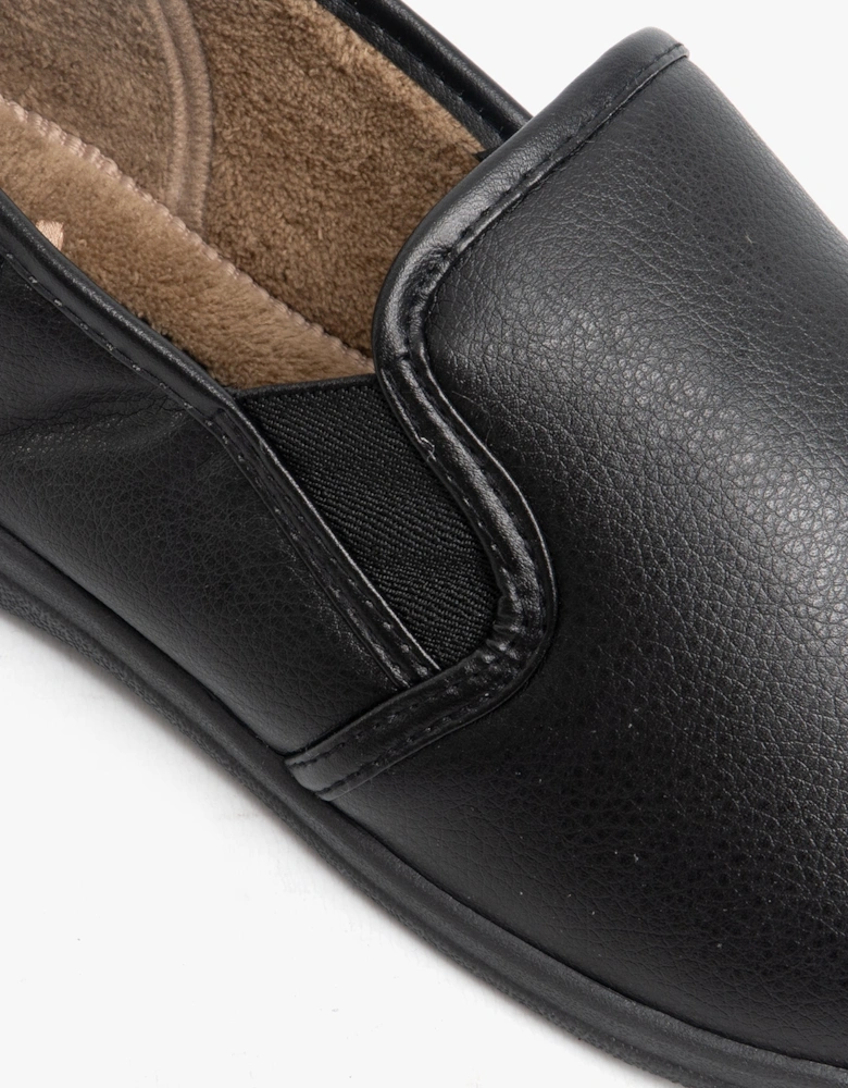 CHRISTOF Mens Faux Leather Wide Fit Full Slippers Black