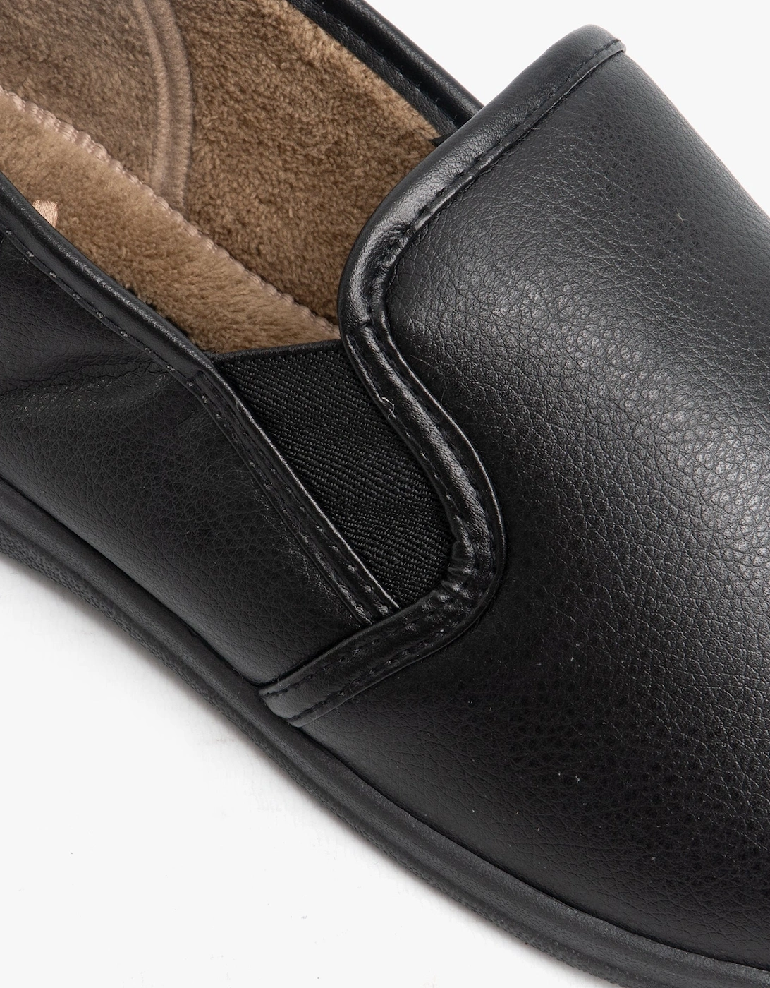 CHRISTOF Mens Faux Leather Wide Fit Full Slippers Black