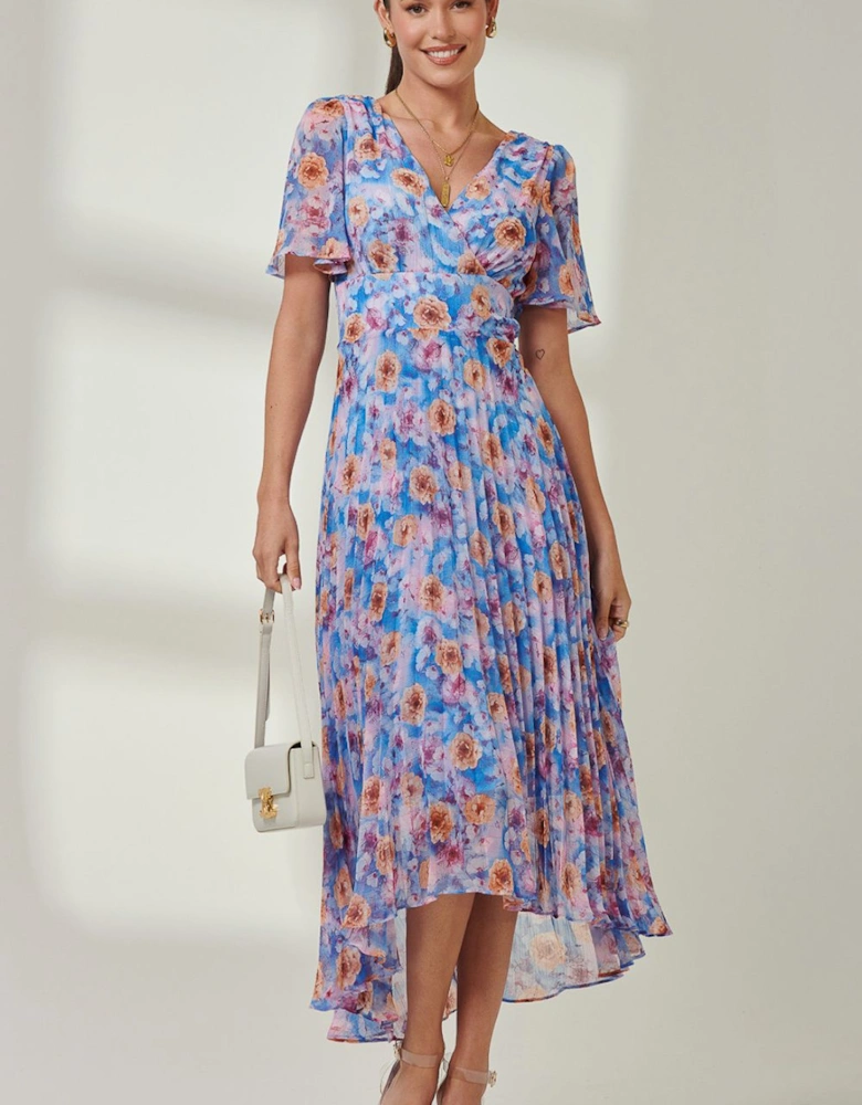 Floral Pleated Chiffon Dip Hem Dress
