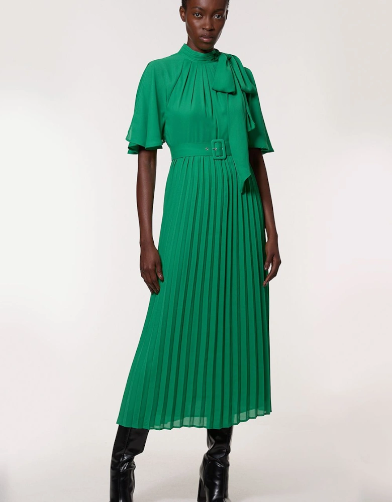 Georgette Pleated Tie Neck Woven Midi Dress