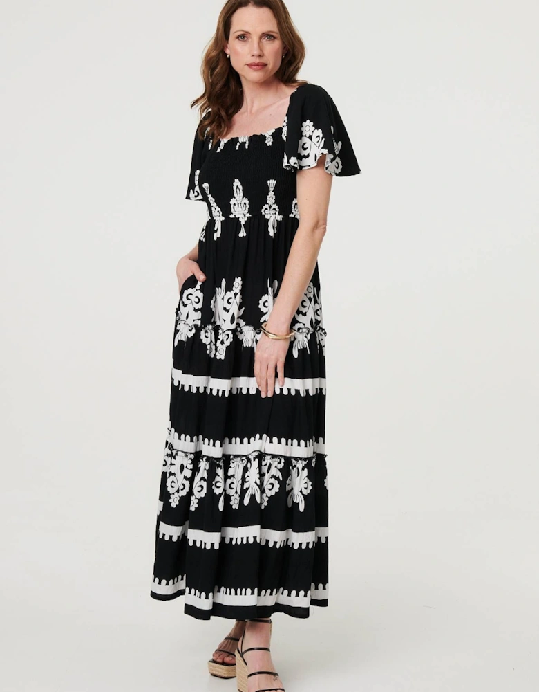 Ikat Print Short Angel Sleeve Maxi Dress