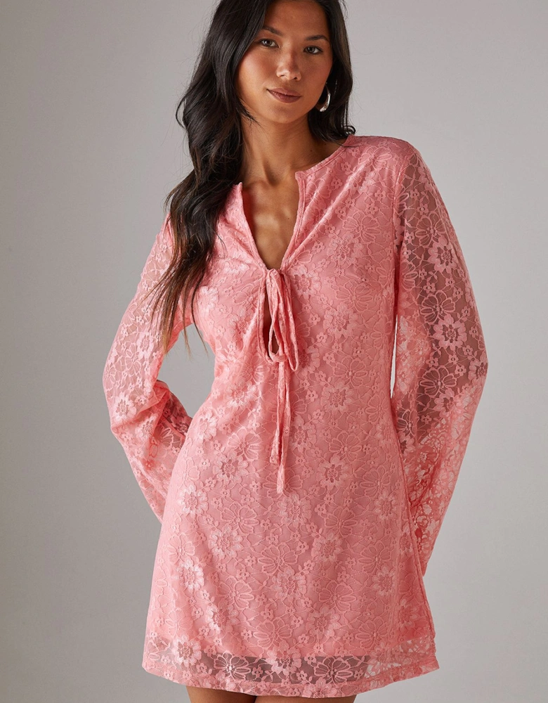 Lace Tie Front Flare Sleeve Mini Dress