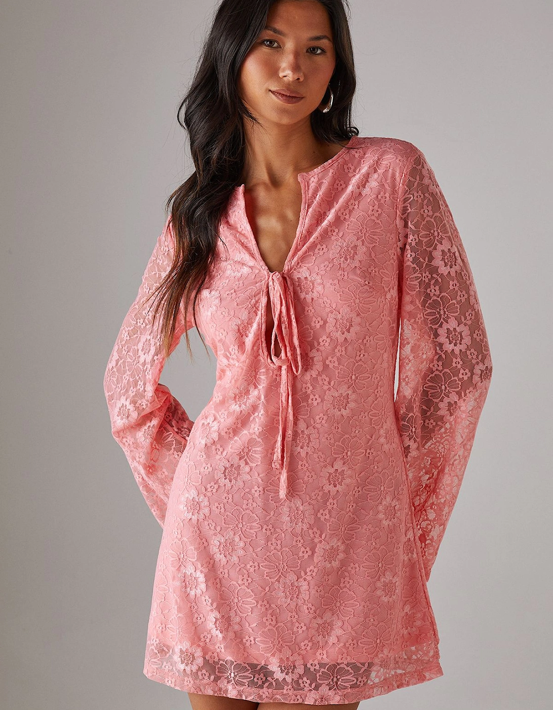 Lace Tie Front Flare Sleeve Mini Dress, 2 of 1