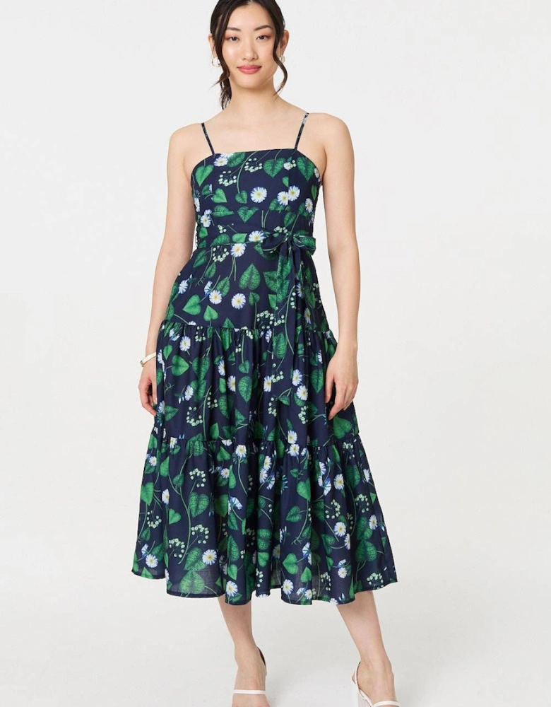 Floral Sleeveless Tie Waist Midi Dress