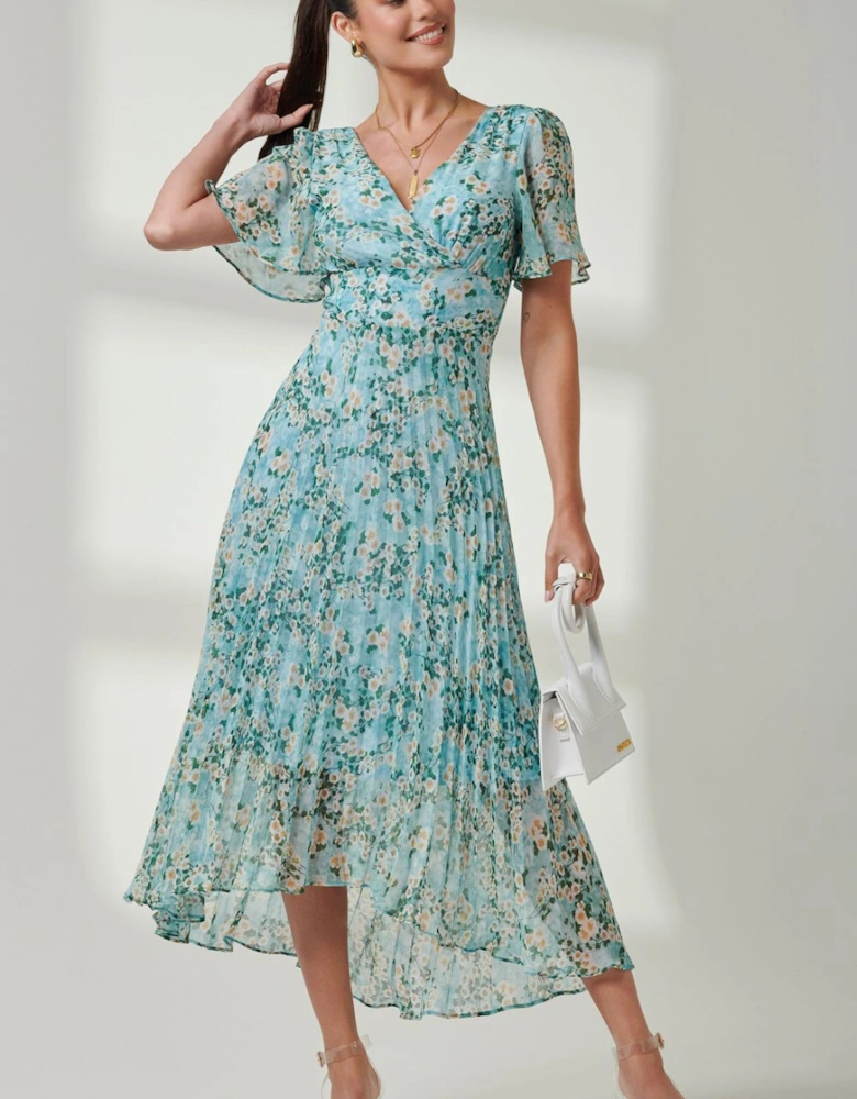 Pleated Dip Hem Chiffon Midaxi Dress