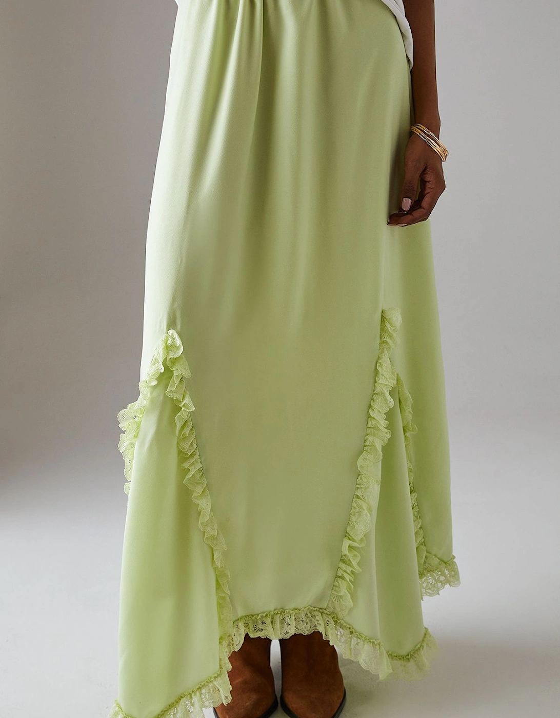 Satin Lace Godet Hanky Hem Midi Skirt, 2 of 1