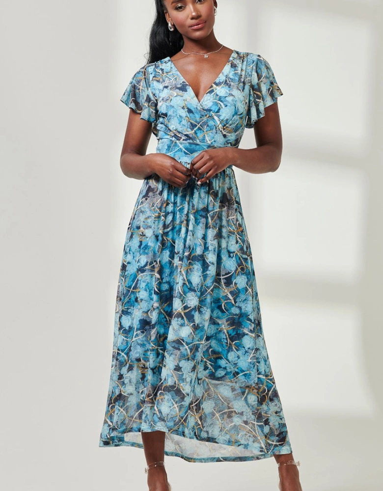 Wrap Dip Hem Mesh Maxi Dress