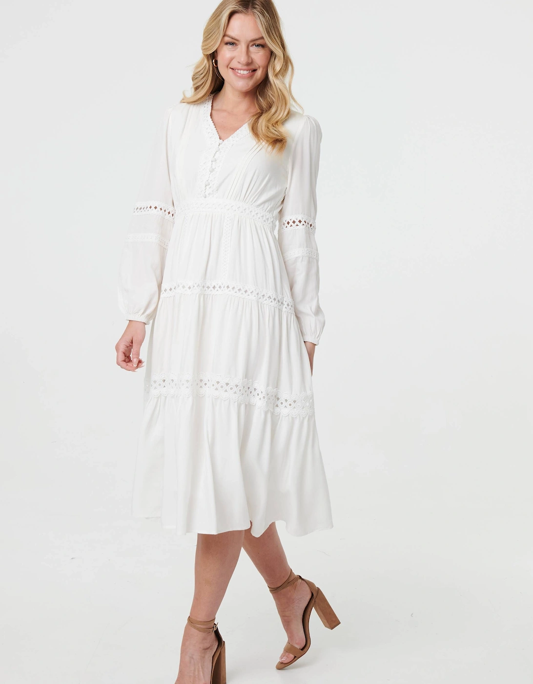 Lace Trim Long Sleeve Tiered Midi Dress, 2 of 1