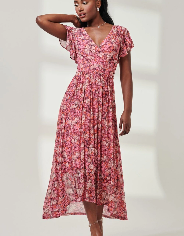 Wrap Dip Hem Mesh Maxi Dress