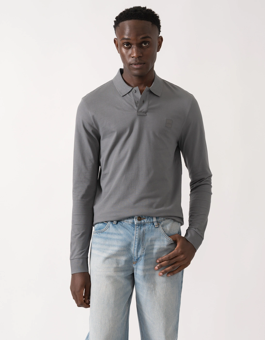 BOSS Orange Passerby Mens Long Sleeve Stretch-Cotton Polo Shirt with Logo Patch - Open Grey 062, 4 of 3