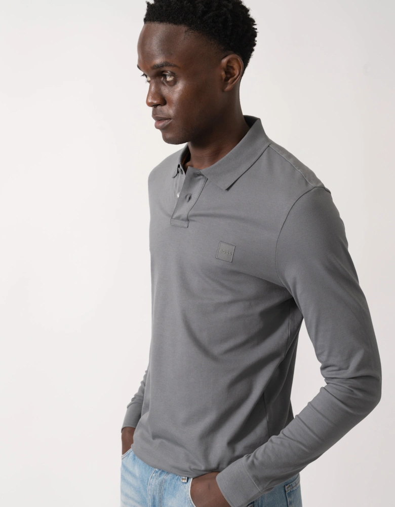 BOSS Orange Passerby Mens Long Sleeve Stretch-Cotton Polo Shirt with Logo Patch - Open Grey 062