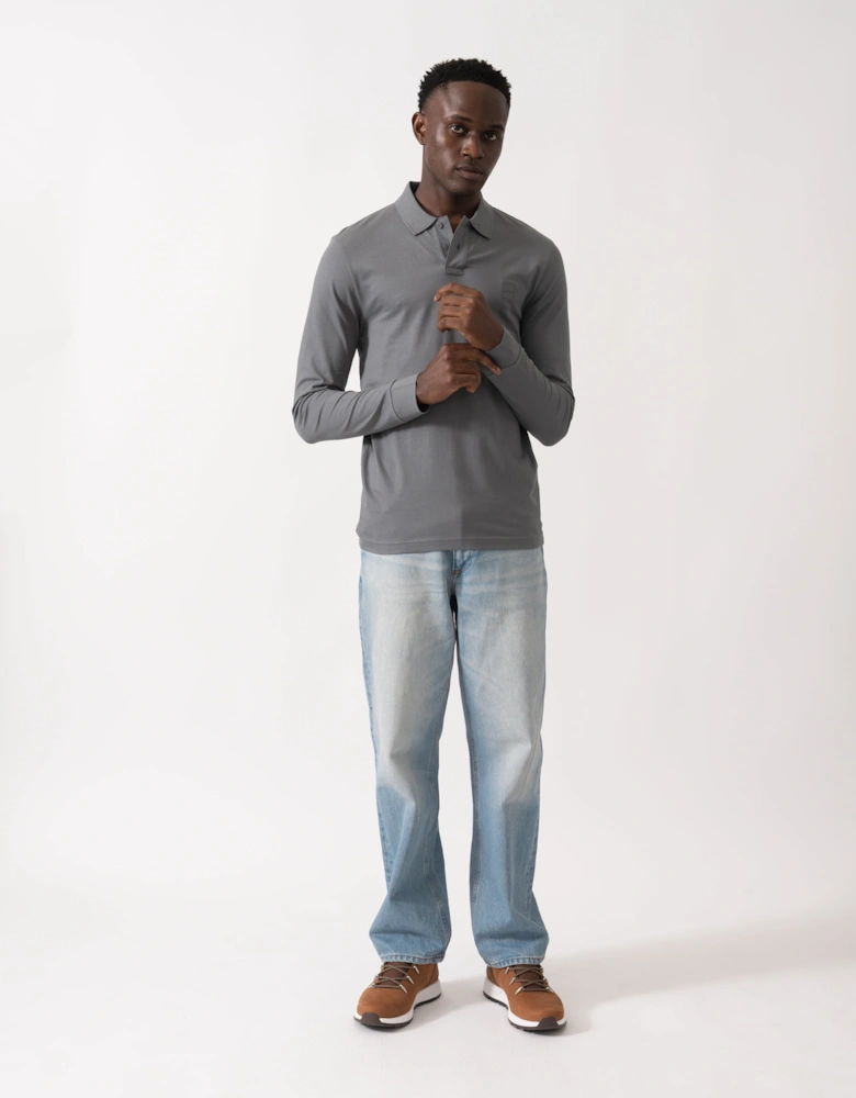 BOSS Orange Passerby Mens Long Sleeve Stretch-Cotton Polo Shirt with Logo Patch - Open Grey 062
