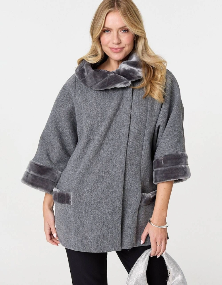 Faux Fur Trim 3/4 Sleeve Cape Coat