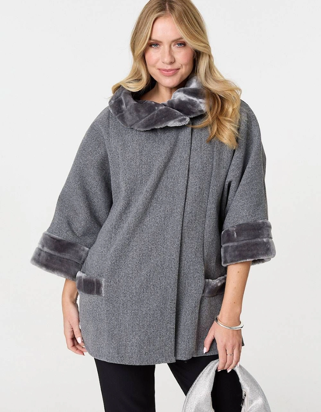 Faux Fur Trim 3/4 Sleeve Cape Coat, 2 of 1
