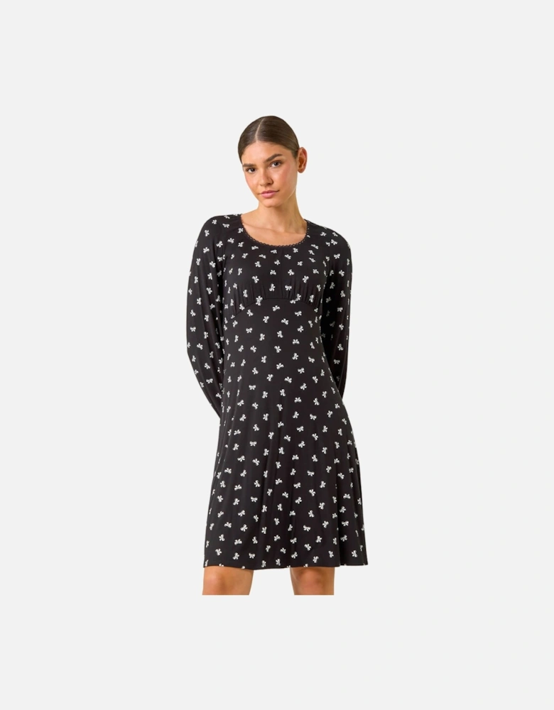 Bow Print Lace Detail Stretch Dress
