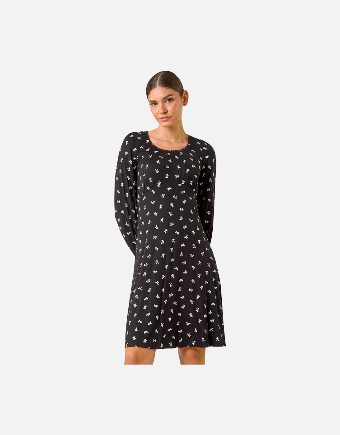 Bow Print Lace Detail Stretch Dress, 2 of 1