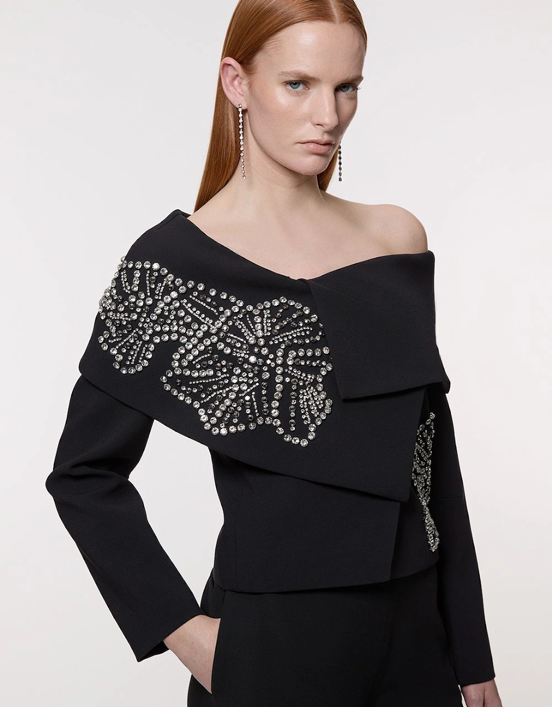 Placed Floral Crystal Embellished Tailored Asymmetric Jacket, 2 of 1