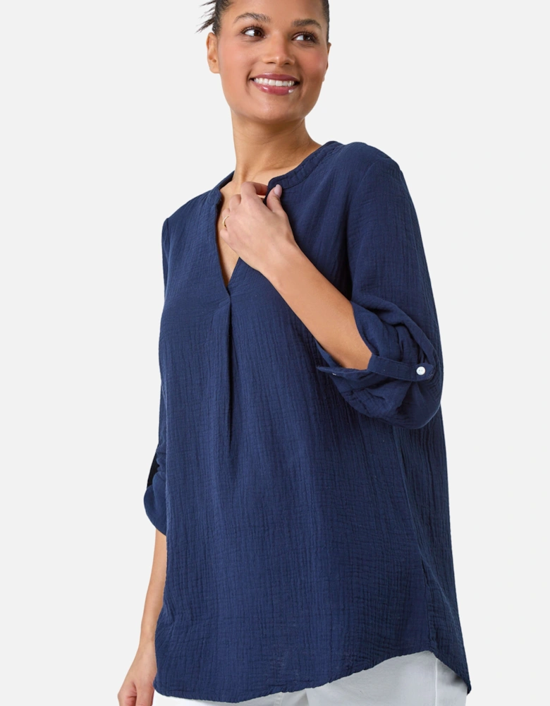 V-Neck Pleat Detail Cotton Top