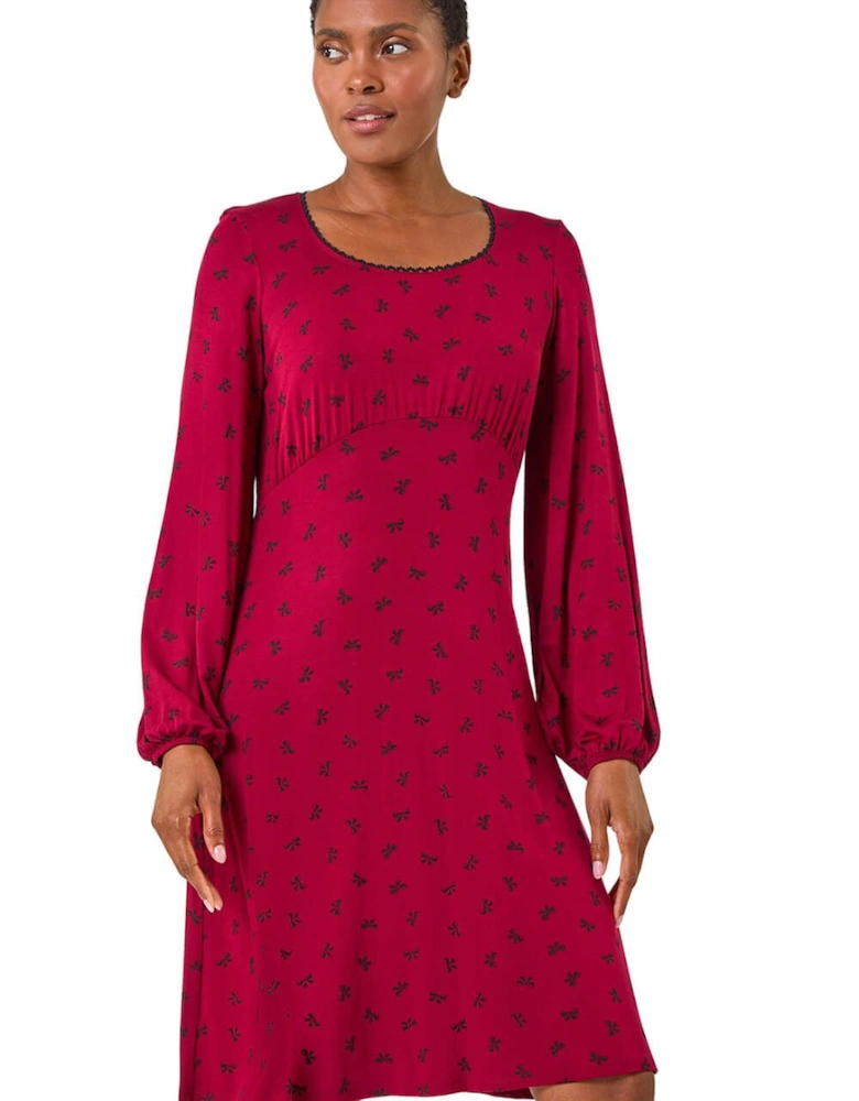 Bow Print Lace Detail Stretch Dress
