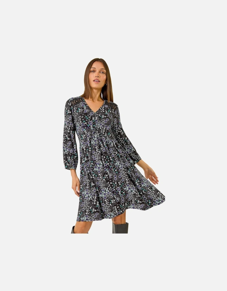 Floral Print Lace Trim Stretch Dress