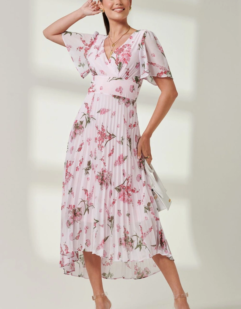 Floral Pleated Chiffon Dip Hem Dress