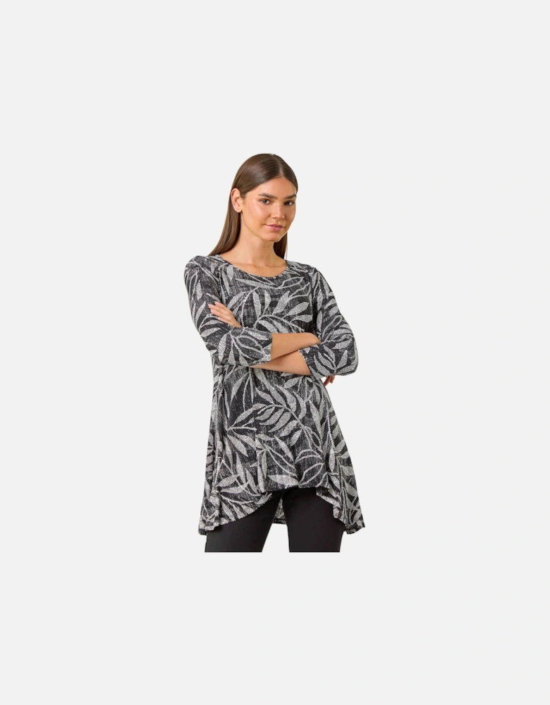 Leaf Print Asymmetric Tunic Stretch Top