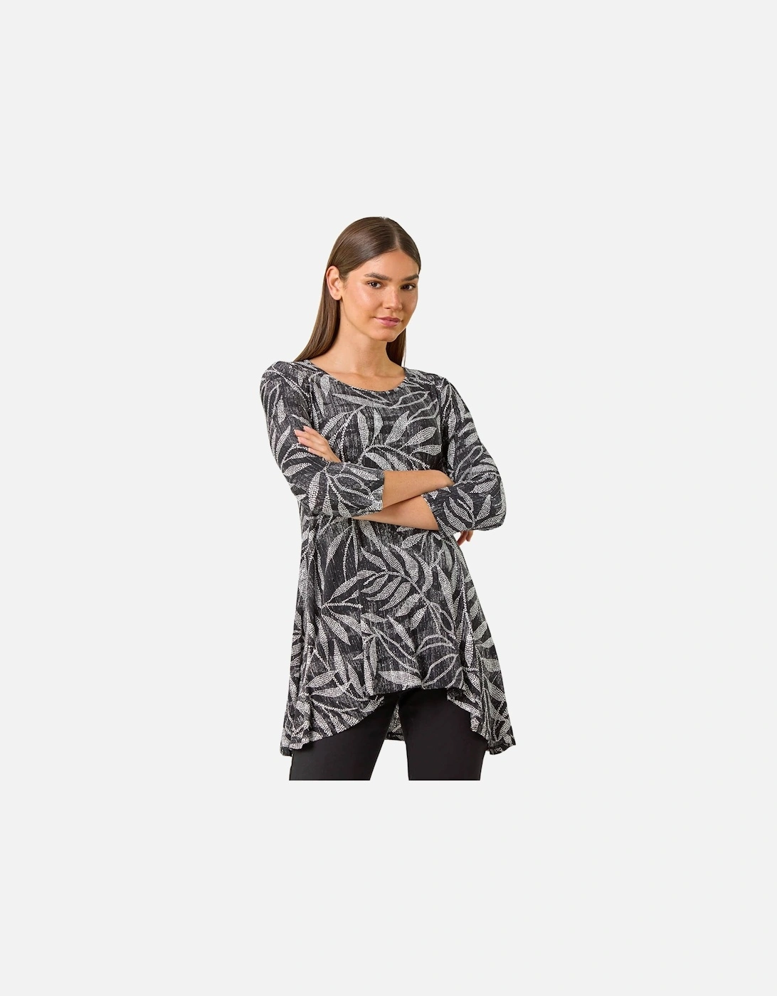Leaf Print Asymmetric Tunic Stretch Top, 2 of 1