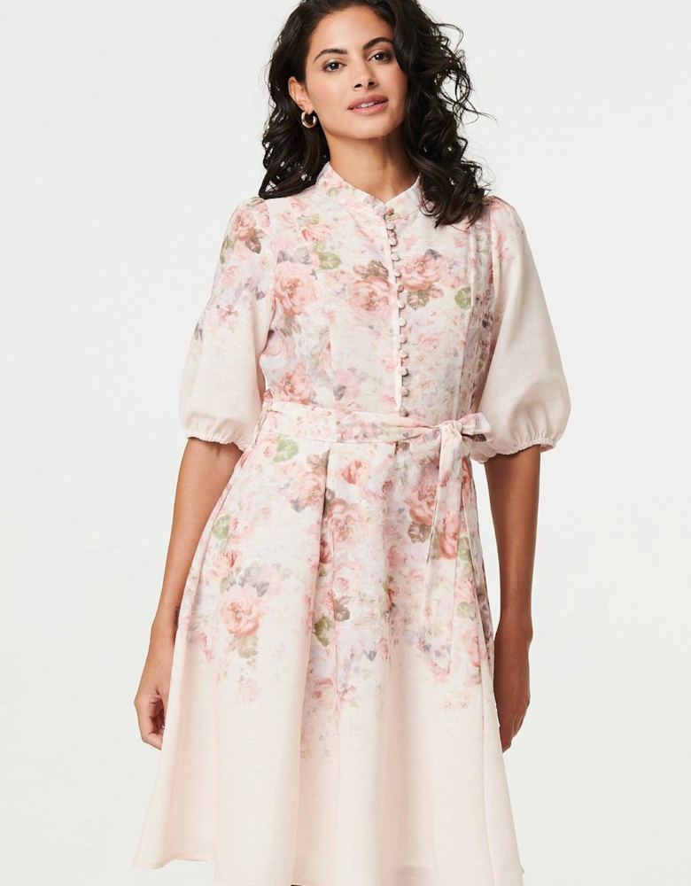 Floral 3/4 Puff Sleeve Knee Length Dress