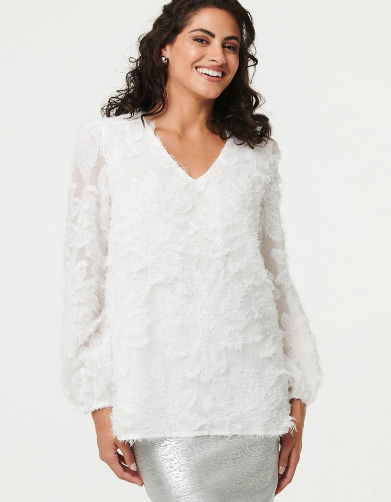 Lace Embellished V-Neck Long Sleeve Top