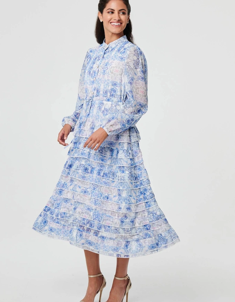 Floral Tie Waist Frill Midi Shirt Dress