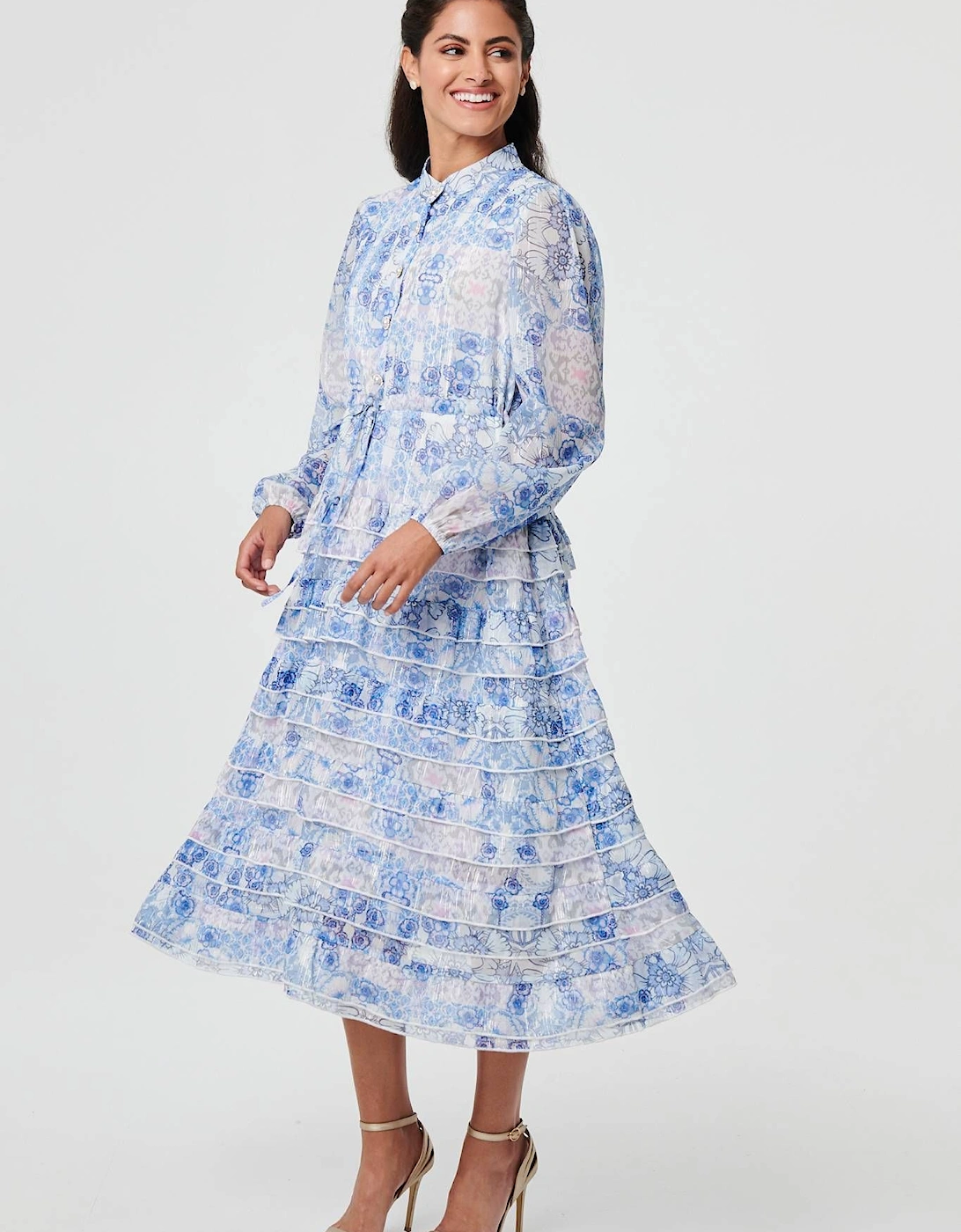 Floral Tie Waist Frill Midi Shirt Dress, 2 of 1